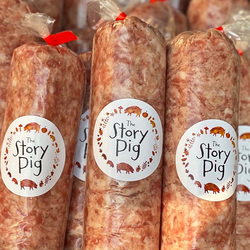 Sausage meat with a 'The Story Pig' sticker