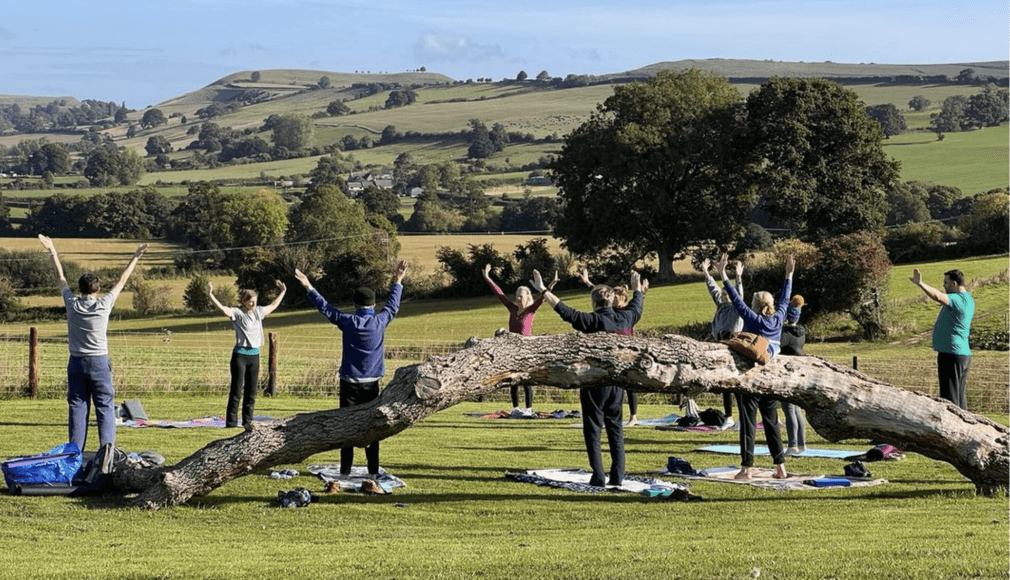 People enjoying outdoor morning yoga at the Story Pig in Dorset